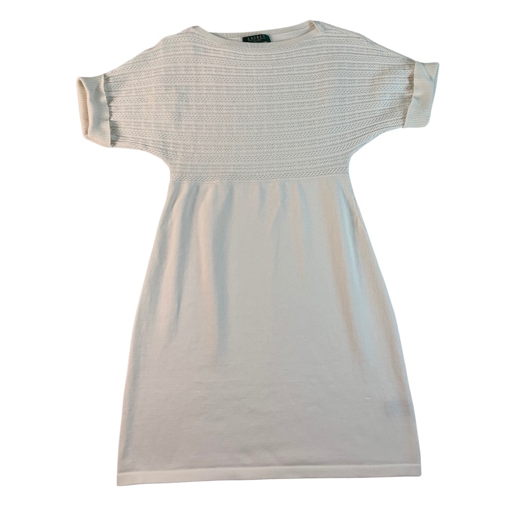 LRL Cream Midi Sweater Dress Short Sleeve Texture Knit Top Women M Old Money